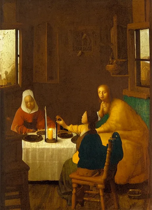 Image similar to a candlelit table at the inn, evening, dark room, two young people sitting at the table, swirling smoke, dark smoke, realistic, in the style of leonardo da vinci, dutch golden age, amsterdam, medieval painting by jan van eyck, johannes vermeer, florence