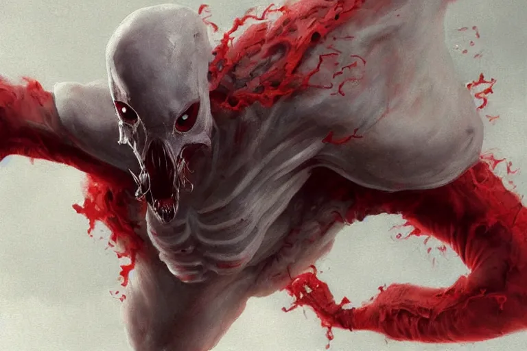 Image similar to painting by greg rutkowski of a flying human head and face that is chalk white in color, with tentacles coming of the neck, red eyes, flying in a terrying hell like cavernous place