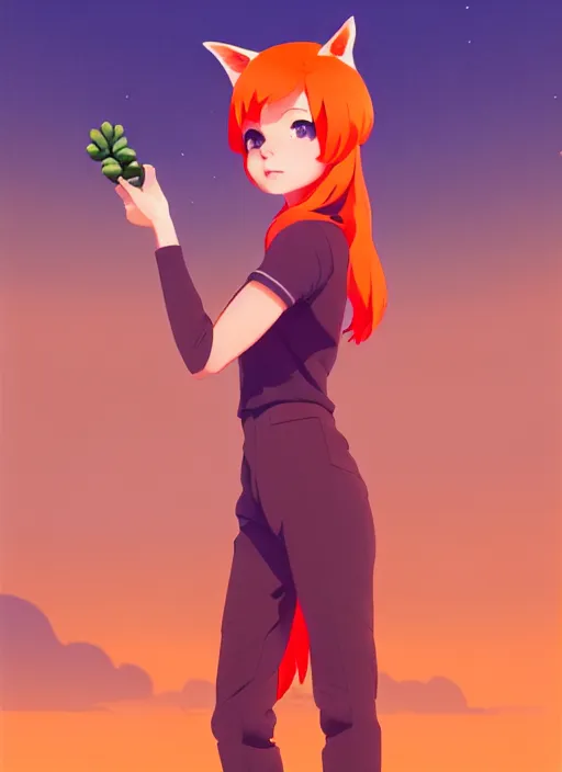 Image similar to portrait of cute redhead foxgirl in orange jumpsuit with fox ears by ilya kuvshinov, holding a cactus, cloudy sky background lush landscape illustration concept art anime key visual trending pixiv fanbox by wlop and greg rutkowski and makoto shinkai and studio ghibli