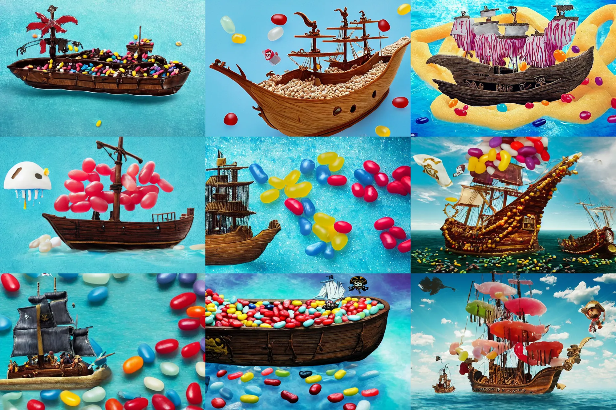 Prompt: a pirate ship floating on a sea of jelly beans