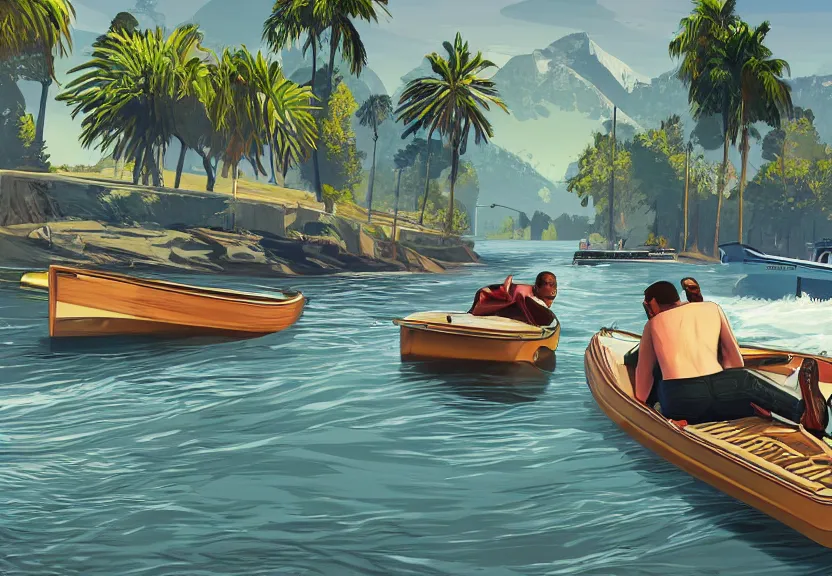 Image similar to A Grand Theft Auto 5 cover style illustration, extremely detailed featuring a river in Europe, surrounded by trees and fields. A dinghy is slowly moving through the water. Sun is shining.