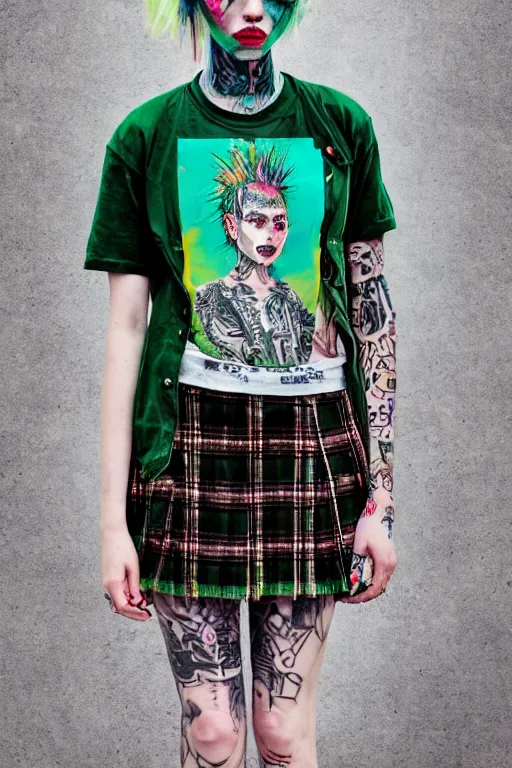 Image similar to upper body portrait hannah murray as a punk woman with green mohawk, covered in neotraditional style tattoos, wearing a bold tee shirt, flannel jacket, fishnets and a long tartan skirt, intimidating, max details, hyperrealistic, photorealistic, ultra - realistic, ultra - detailed, cinematic, 8 k resolution by alan lee