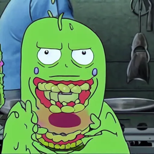 Prompt: Pickle Rick screams in terror as he is prepared by a chef
