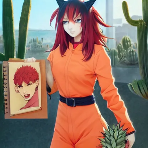 Prompt: A red-haired anime girl with fox ears and an evil grin in an orange jumpsuit holds a cactus artwork of a single character, highly detailed, artstation, smooth, sharp focus, illustration, art by artgerm and greg rutkowski and makoto shinkai and alphonse mucha