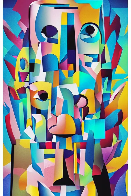 Image similar to cubist moai statue cutout digital illustration cartoon colorful beeple