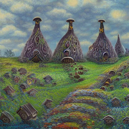 Image similar to mushroom houses spiraling into infinity, abomination, oil painting, highly detailed, 4 k