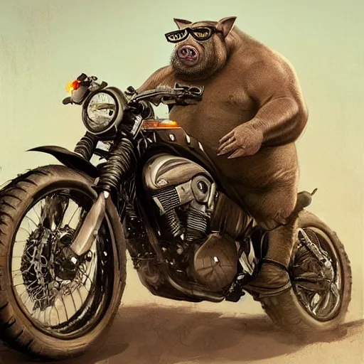 Image similar to A biker pig with a beard next to other biker animales bikers, hyperrealistic, greg rutkowski, trending in artstation, cinematographic