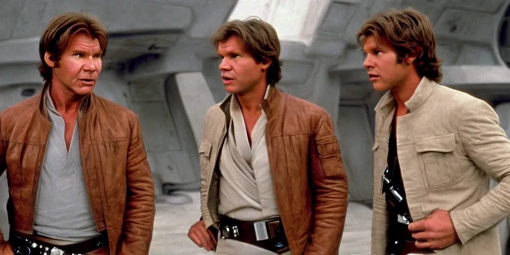 Image similar to A full color still of Harrison Ford as Han Solo talking to Mark Hamill as Jedi Master Luke Skywalker in a Star Wars Sequel, 1990, Directed by Steven Spielberg, 35mm