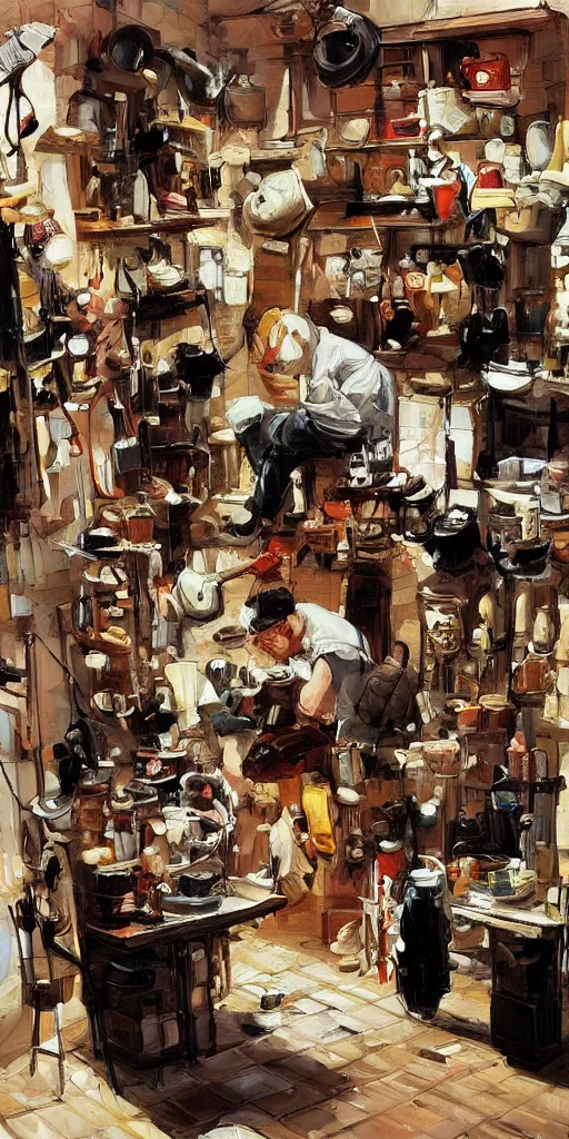 Image similar to oil painting scene from shoemaker's shop by kim jung gi