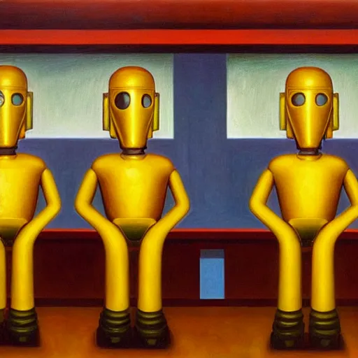 Image similar to droid factory, ( ( ( grant wood ) ) ), pj crook, ( ( ( edward hopper ) ) ), oil on canvas