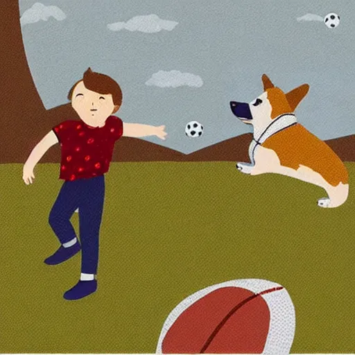 Image similar to illustration of french boy in paris playing football against a corgi, the corgi is wearing a polka dot scarf