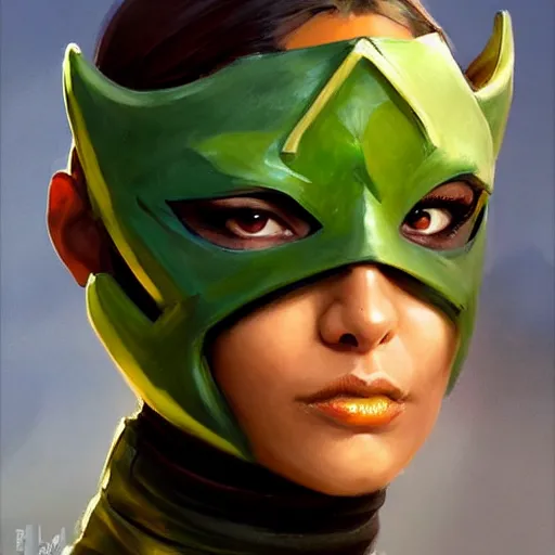 Prompt: greg manchess portrait painting of jade from mortal kombat wearing a halfmask as overwatch character, medium shot, asymmetrical, profile picture, organic painting, sunny day, matte painting, bold shapes, hard edges, street art, trending on artstation, by huang guangjian and gil elvgren and sachin teng