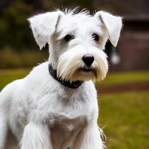 Prompt: photo of a white schnauzer dog with two open wings on his back, 5 5 mm photo