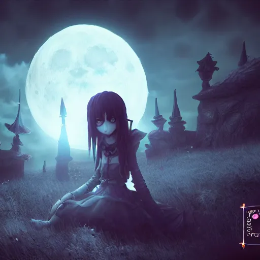 Image similar to full shot of angry darkness cute anime girl at moonlight, gothic wearing, inspired by Tim Burton, Norihiro Yagi, Marc Simonetti, Amano, Juri Misaki, detailed, unreal engine 4k volumetric light, fog,