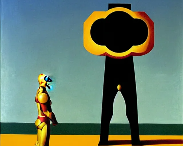 Image similar to a Magritte painting of Iron Man (2008)