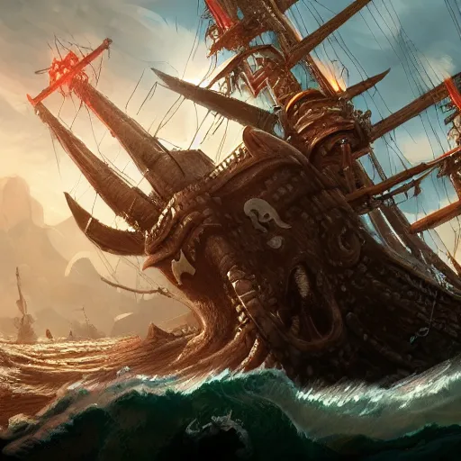 Prompt: kraken crushing pirate ship under sunny skies, trending on artstation, ultra fine detailed, hyper detailed, hd, concept art, digital painting