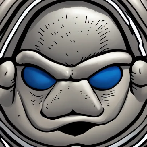 Prompt: michelin man, closeup face, angry, screaming, bloodshot eyes, highly detailed