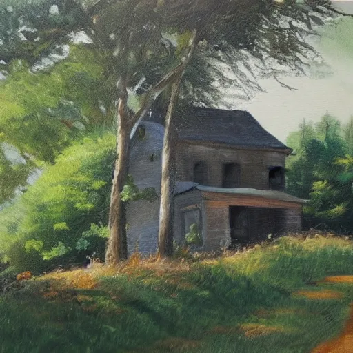 Prompt: house in the countryside on a sunny day, forest, realistic, detailed, peaceful, brush strokes, oil painting