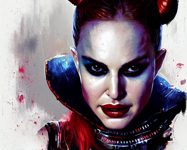 Image similar to highly detailed portrait of natalie portman as harley quinn, in batman : arkham knight, stephen bliss, unreal engine, fantasy art by greg rutkowski, loish, rhads, ferdinand knab, makoto shinkai and lois van baarle, ilya kuvshinov, rossdraws, tom bagshaw, global illumination, radiant light, detailed and intricate environment