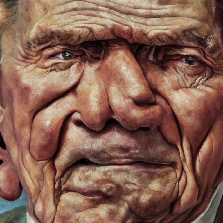 Prompt: close up studio portrait of aging old Ronald Reagan age 115 wrinkled sad, glossy impasto oil painting by Lucian Freud and Tim Hawkinson and Cy Twombly, trending on artstation Studio lighting Expressionism