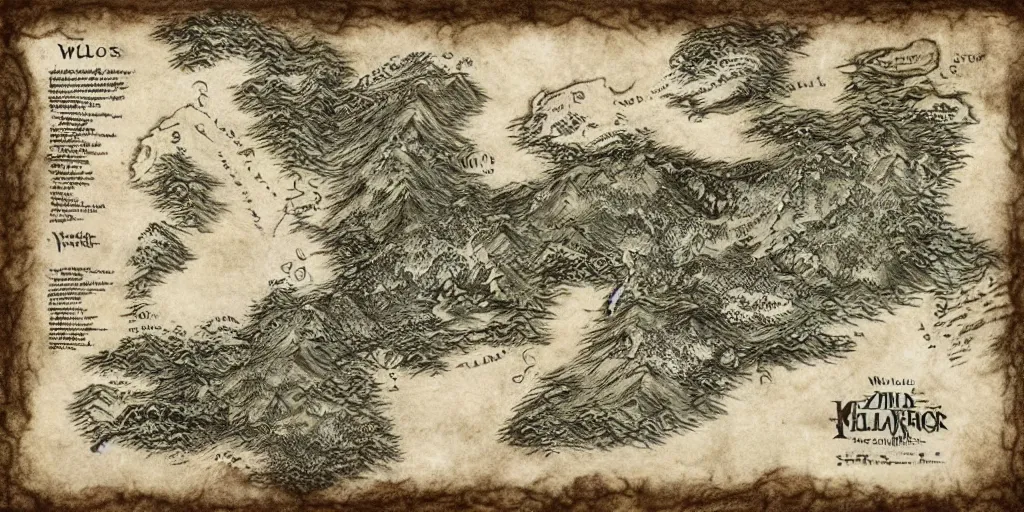 Prompt: wolf's face.medieval fantasy map, mountains, islands, forests. Map-style Skyrim, Lord of the rings map, zelda breath of the wild map, video game style, drawing on a parchment