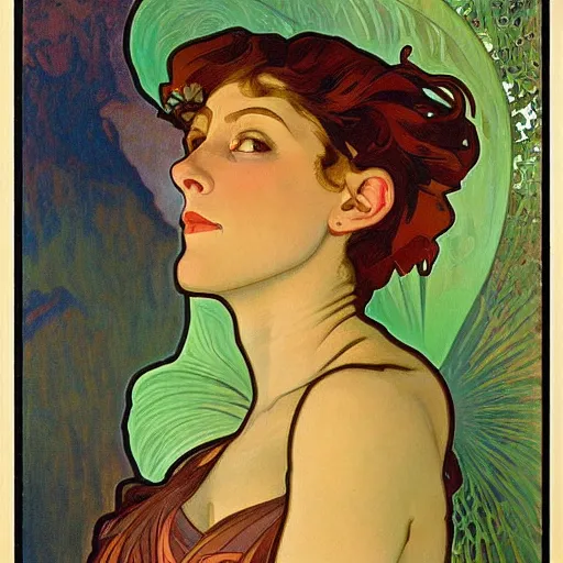 Prompt: portrait of Neytiri with tan skin and spiky short red hair by Alphonse Mucha and Grant Wood