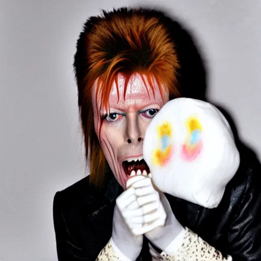 Image similar to david bowie fitting as many marshmallows into his mouth as he can