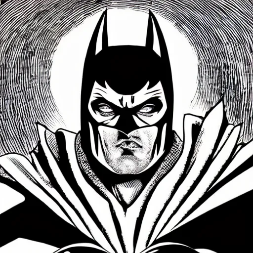 Image similar to Batman portrait in the style of Junji Ito. Manga. Black & White. Gothic. Horror. Exquisitely detailed. 4K.