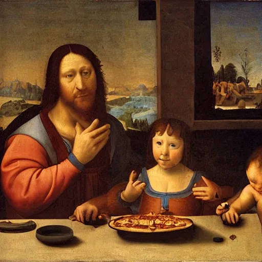 Image similar to a renaissance materpiece painting of a man and his son eating pizza and watching television, leonardo da vinci