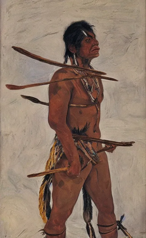 Image similar to full shot picture of indigenous people young man standing with a spear, painted by lucian freud, hd, super detailed, amazing, realistic lighting