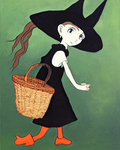 Prompt: witch little girl, minimalist oil painting by studios ghibli