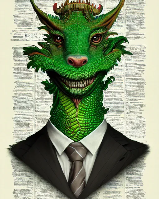 Image similar to anthropomorphic art of a businessman dragon, green dragon, portrait, 1 9 8 0 s business fashion, victo ngai, ryohei hase, artstation. fractal papers, newspaper. stock certificate, highly detailed digital painting, smooth, global illumination, fantasy art, jc leyendecker