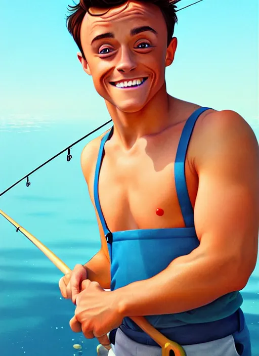 Image similar to cute fisherman tom daley, natural lighting, path traced, highly detailed, high quality, digital painting, by don bluth and ross tran and studio ghibli and alphonse mucha, artgerm