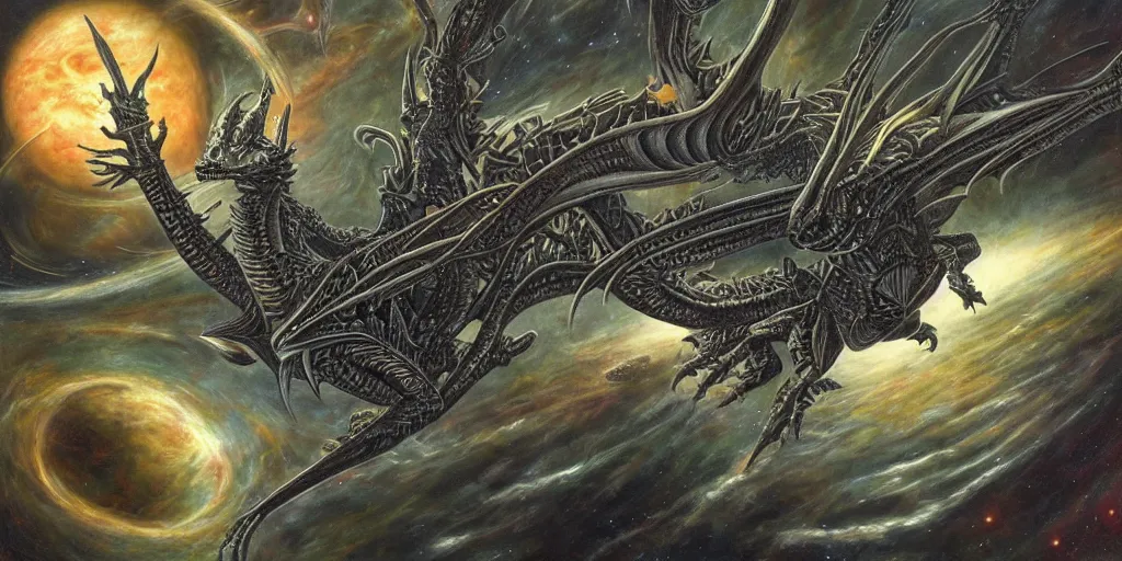 Image similar to an alien dragon flying through outer space by dan seagrave art