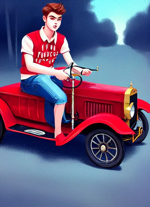 Image similar to teenage archie andrews, in a red ford model t, intricate, elegant, glowing lights, highly detailed, digital painting, artstation, sharp focus, illustration, art by wlop, mars ravelo and greg rutkowski