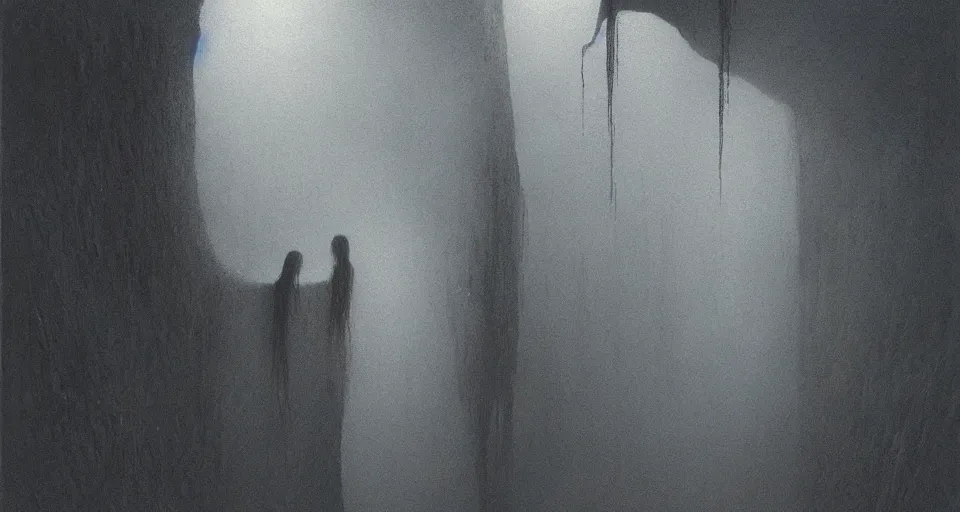 Prompt: she looks into the abyss, and the abyss looks back at her, painting by beksinski, dark, scary, dramatic lighting, smooth, sharp details, intricate, sad