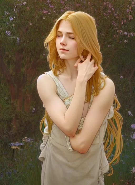 Prompt: pretty young man with shoulder length shiny shimmering golden blond hair, head down, shy, path traced, highly detailed, high quality, digital painting, by studio ghibli and alphonse mucha, leesha hannigan, disney