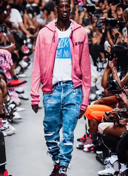 Image similar to hyperrealistic and heavy detailed nike runway show of travis scott, leica sl 2 5 0 mm, vivid color, high quality, high textured, real life