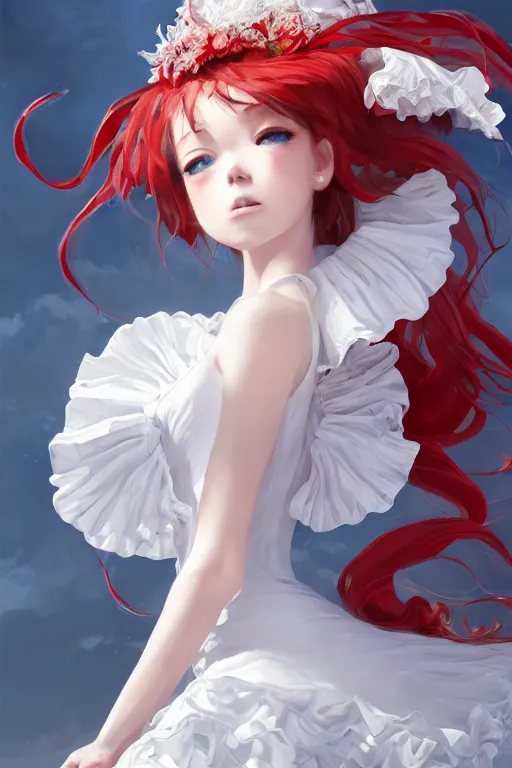 Image similar to a beautiful white frilled red dress girl is staring down from the top of a tall tower, extremely detailed and beautiful aesthetic face, seductive pose, super detailed eyes, low angle, highly detailed, digital painting, artstation, concept art, smooth, sharp focus, illustration, unreal engine 5, 8 k, art by hiroaki samura and jiro matsumoto