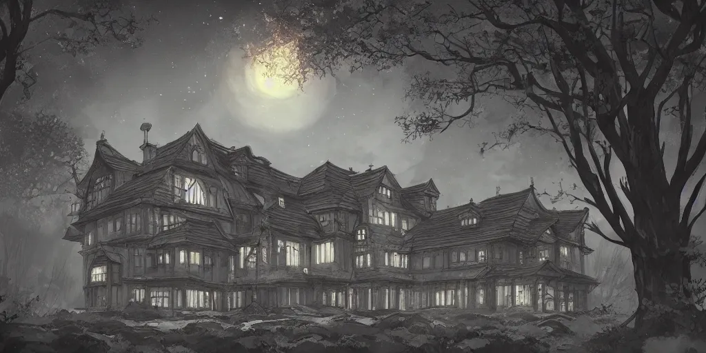 Image similar to manor in the middle of the forest, at night, no light, artstation, detailled, manga!!!, fantasy