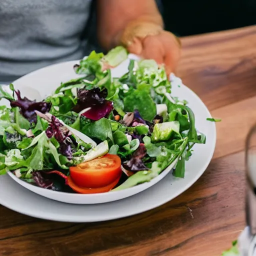 Prompt: a chair eating a salad at a table