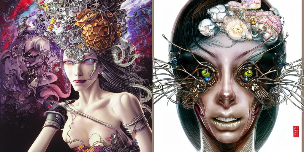 Prompt: portrait of a beautiful cyborg crazy witch wearing a luxurious dress, face is highly detailed, by masamune shirow, ayami kojima, josan gonzalez, yoshitaka amano, dan mumford, barclay shaw