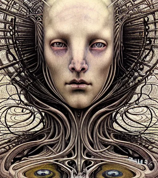 Prompt: detailed realistic beautiful young medieval alien robot grimez face portrait by jean delville, gustave dore and marco mazzoni, art nouveau, symbolist, visionary, gothic, pre - raphaelite. horizontal symmetry by zdzisław beksinski, iris van herpen, raymond swanland and alphonse mucha. highly detailed, hyper - real, beautiful, fractal baroque