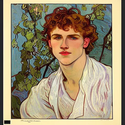 Image similar to painting of a young cute handsome beautiful strawberry blond medium wavy curly hair man in his early 2 0 s with grey - blue eyes wearing a blank t - shirt, by alphonse mucha, vincent van gogh, egon schiele