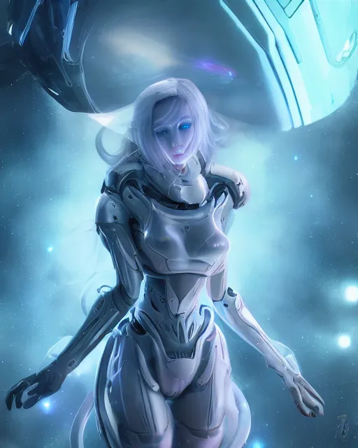 Image similar to perfect android girl on a mothership, warframe armor, beautiful face, scifi, futuristic, galaxy, nebula, raytracing, dreamy, long white hair, blue cyborg eyes, sharp focus, cinematic lighting, highly detailed, artstation, divine, by gauthier leblanc, kazuya takahashi, huifeng huang