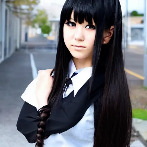 Prompt: beautiful and elegant Japanese schoolgirl with straight and long black hair in black high school uniform, anime style