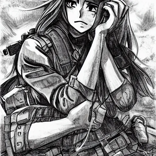 Prompt: manga style, black line art, portrait of girl, under artillery fire, trench sandbags in background, soldier clothing, military gear, short hair, hair down, symmetrical facial features, realistic face, 4 k, detailed drawing, mangadex, by kentaro miura
