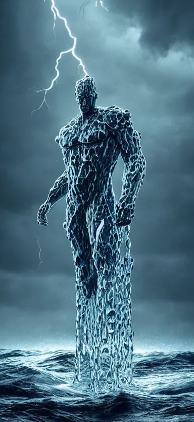 Image similar to humanoid colossus made of water, made of liquid, rising up from ocean, water armor, high detail, high contrast, close up portrait, studio lighting, stormy seas, beautiful, bokeh, snowy, storm clouds, god rays, d & d, fantasy, elegant, aquamarine color palette, concept art, roger deakins and greg rutkowski and alphonse mucha