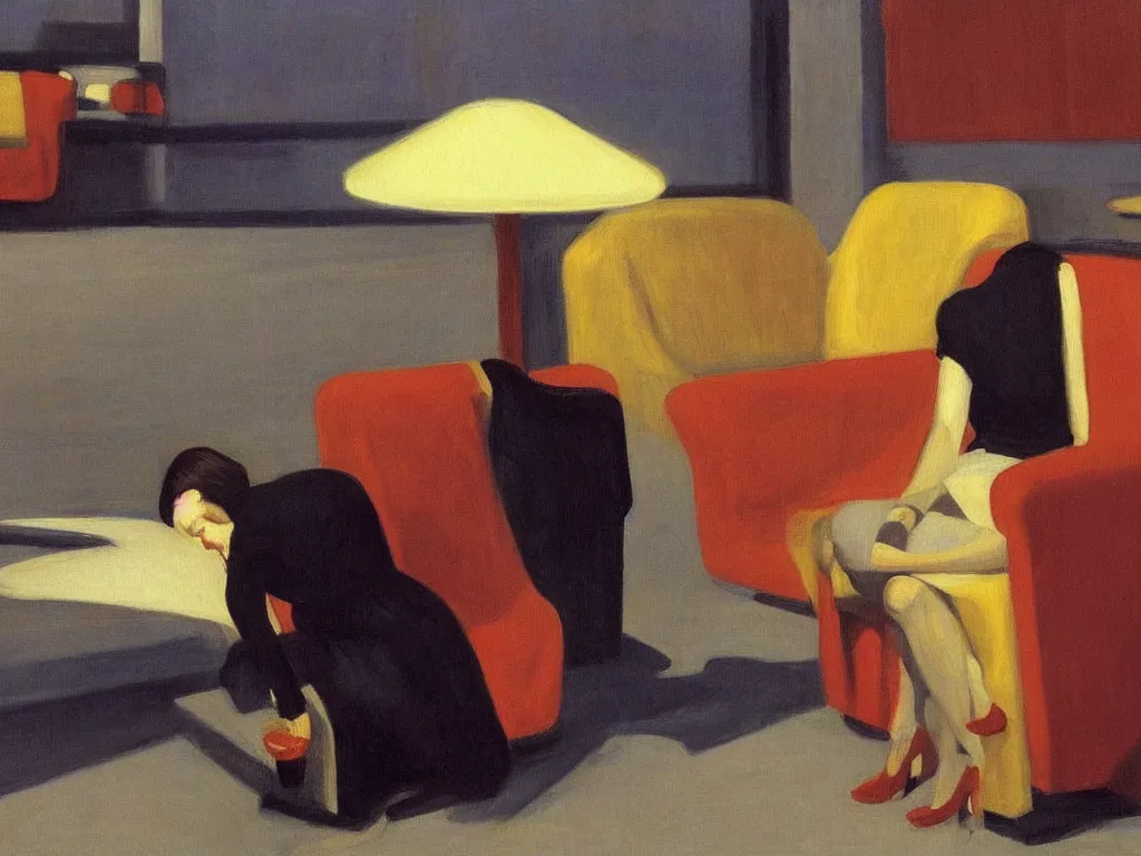 Image similar to night. woman alone in the spacious airport lounge. painting by edward hopper