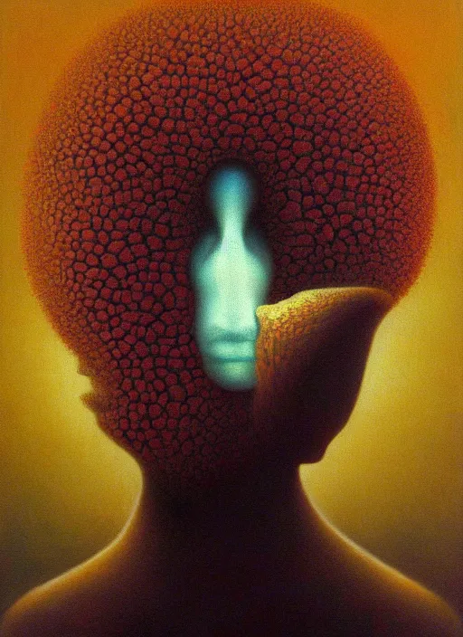 Image similar to dramatic portrait painting of woman with black mandelbrot fractal instead of face, in style of zdzisław beksinski,